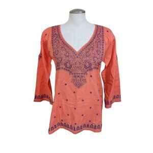Womens Large Tunic Top Orange Purple Embroidered Cotton Boho Resort Beach Hippie